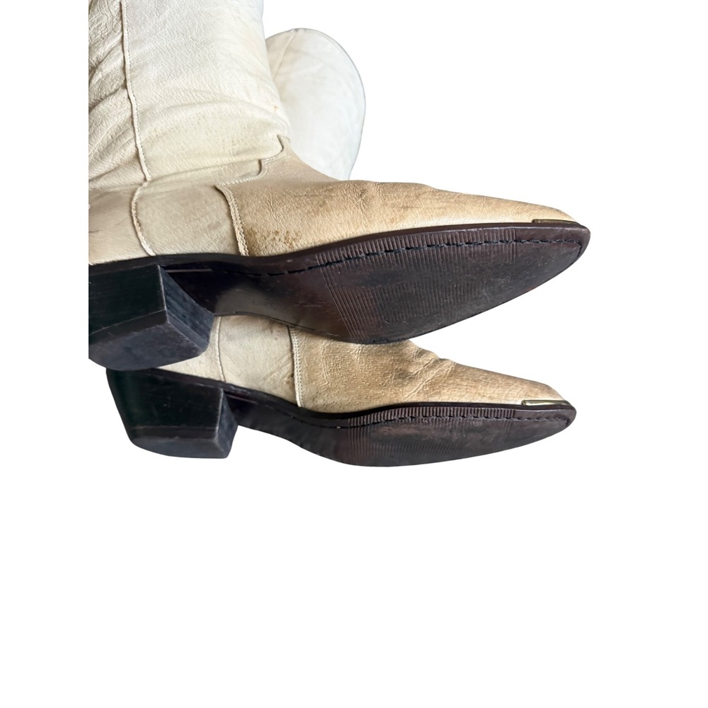 Justin Vintage Western Boots Cream Tan Leather Pointed Toe Metal Tip Womens 8 - Picture 4 of 7